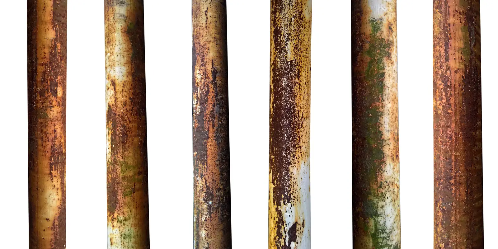 Corroded metal water pipes showing the kind of progressive decay salt air and brackish ground work on Galveston island plumbing